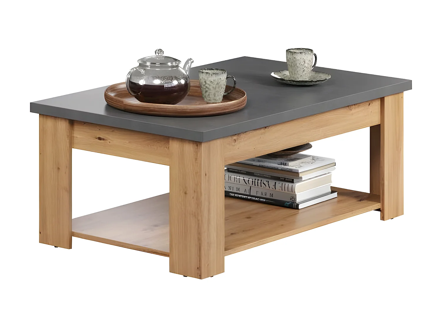 Mesa de centro estilo follow, color gris, decoración roble.