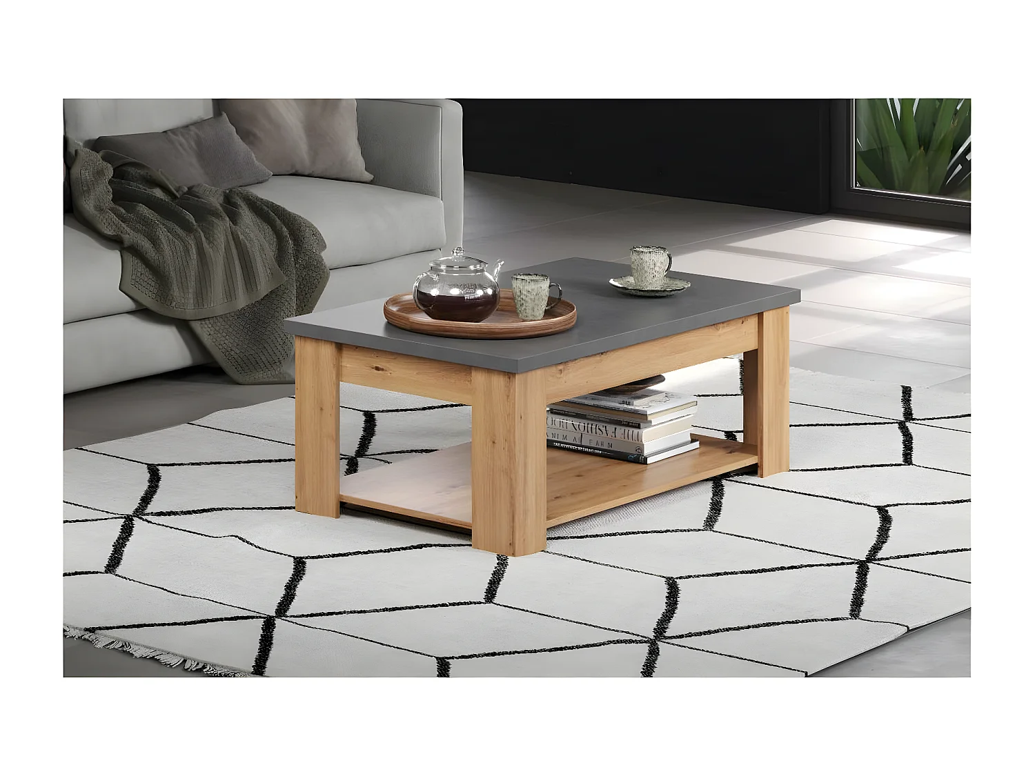 Mesa de centro estilo follow, color gris, decoración roble.