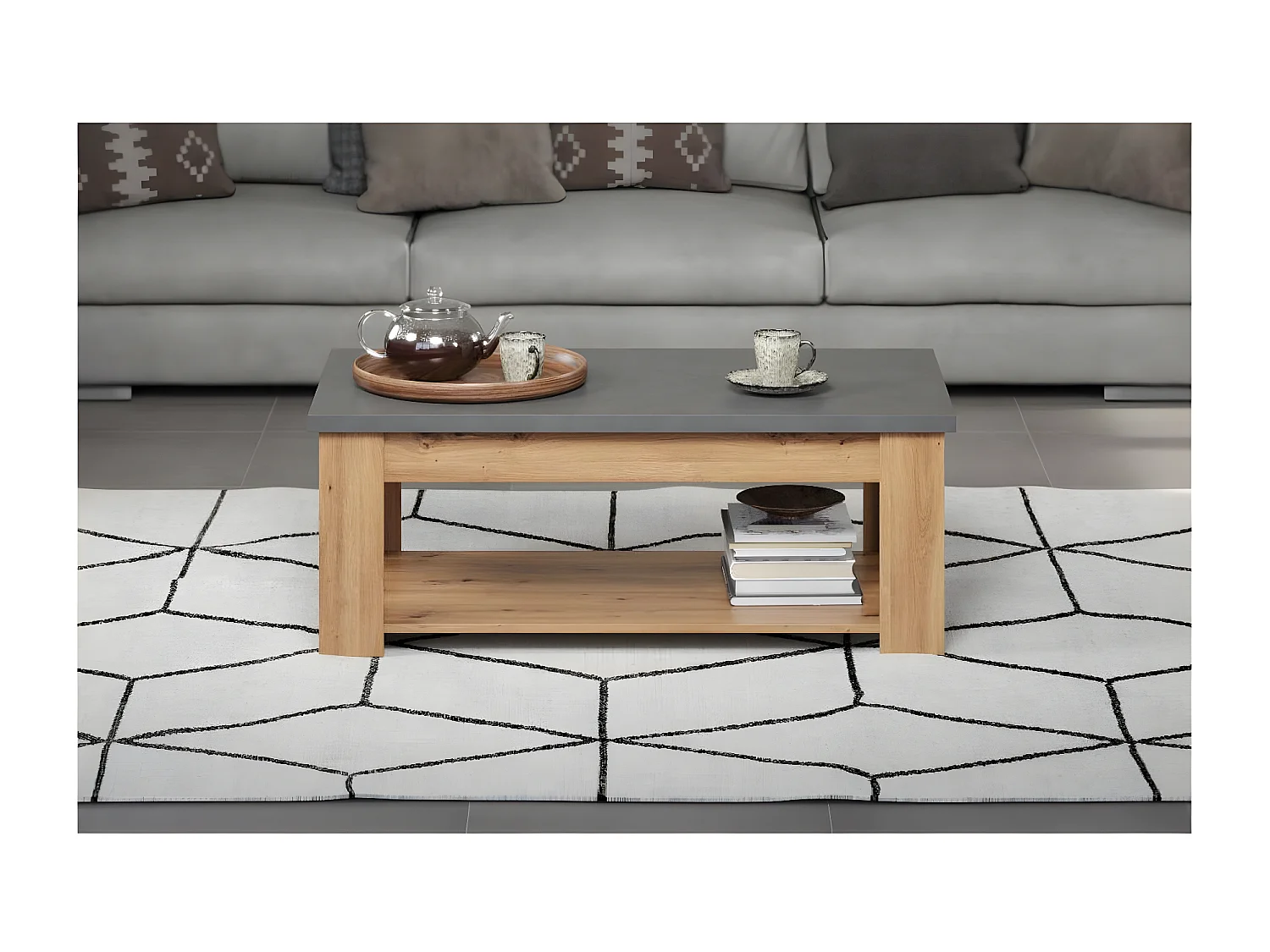 Mesa de centro estilo follow, color gris, decoración roble.