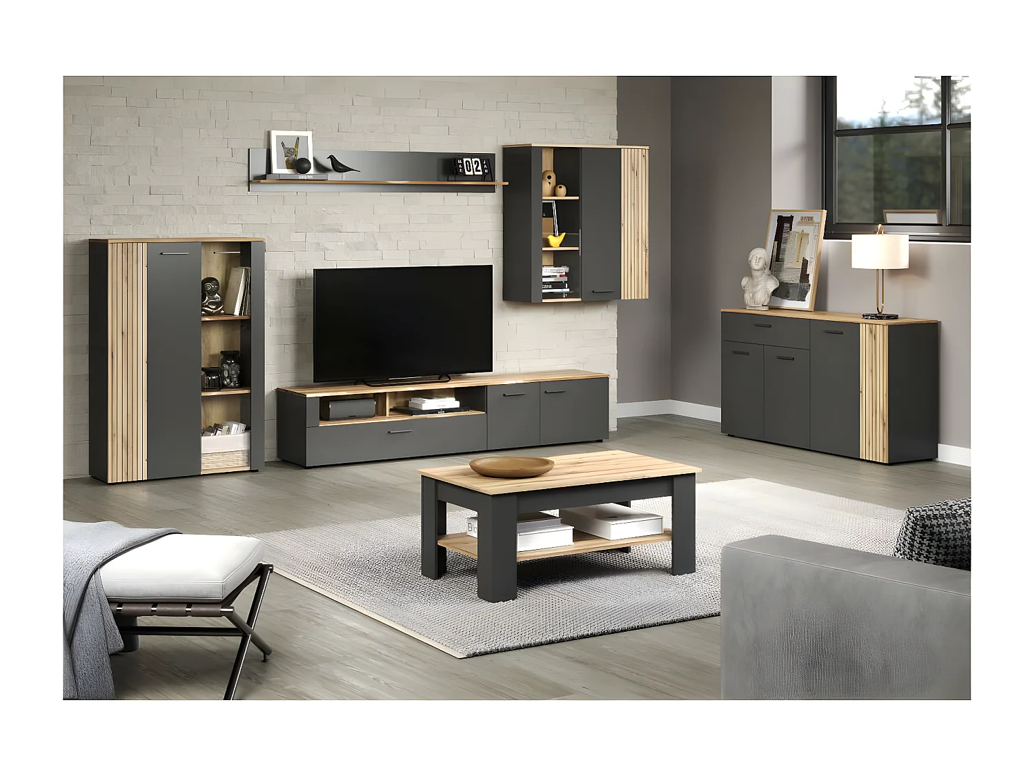 Tavolino universale grigio, decoro rovere.