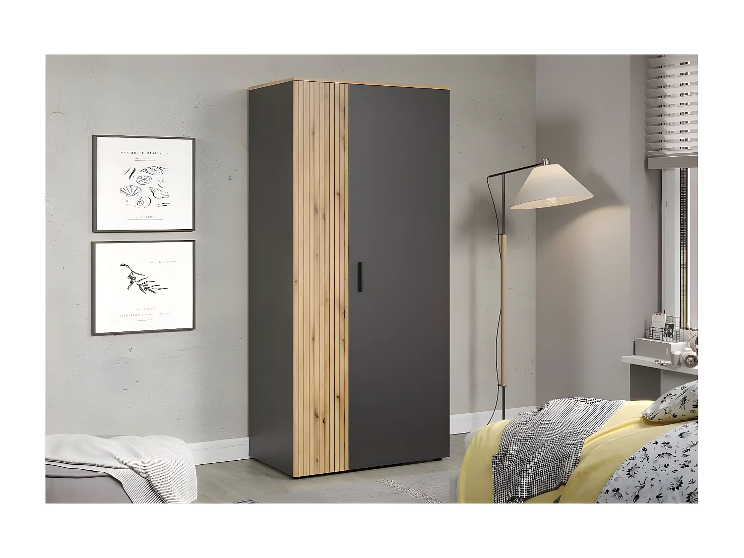 Esteban armoire de rangement gris, chêne décor.