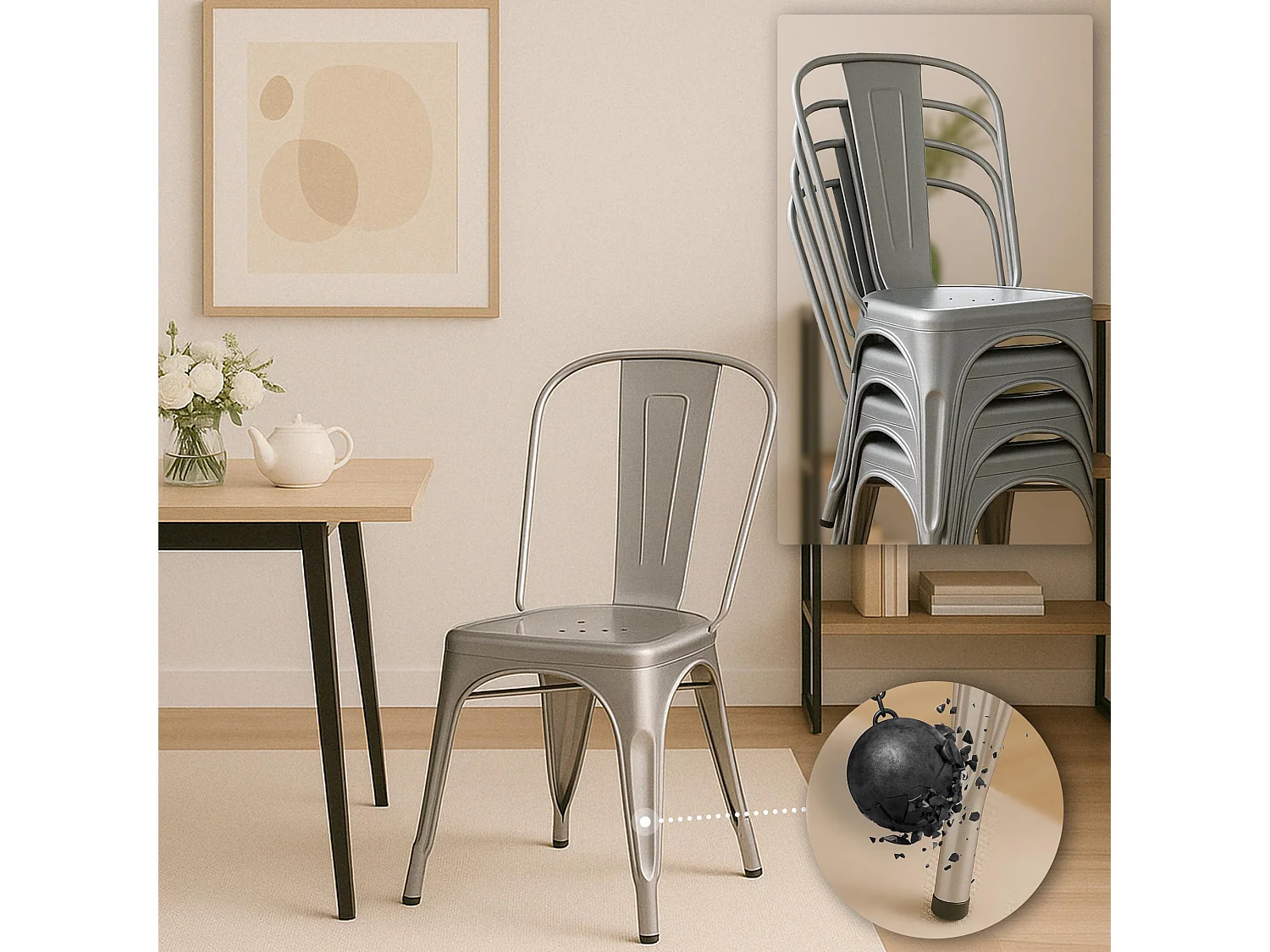 Lot de 4  Chaise de bistrot - Métal - Argent - Benedikt