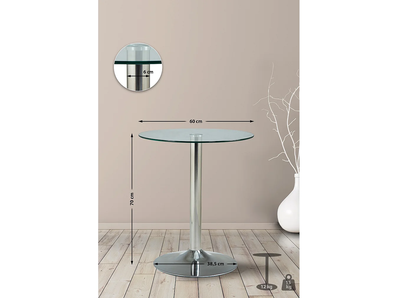 Table d'appoint - rond Ø 60 cm - Bois - Verre clair - Glastisch