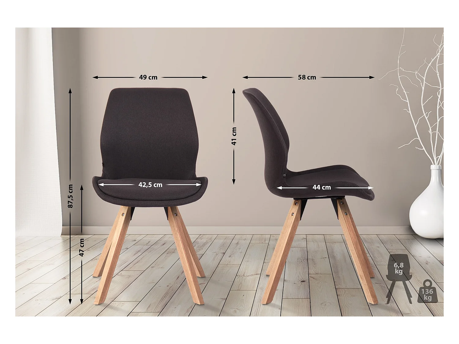 Set di 4  Sedia da pranzo - Tessuto - nero - Luna