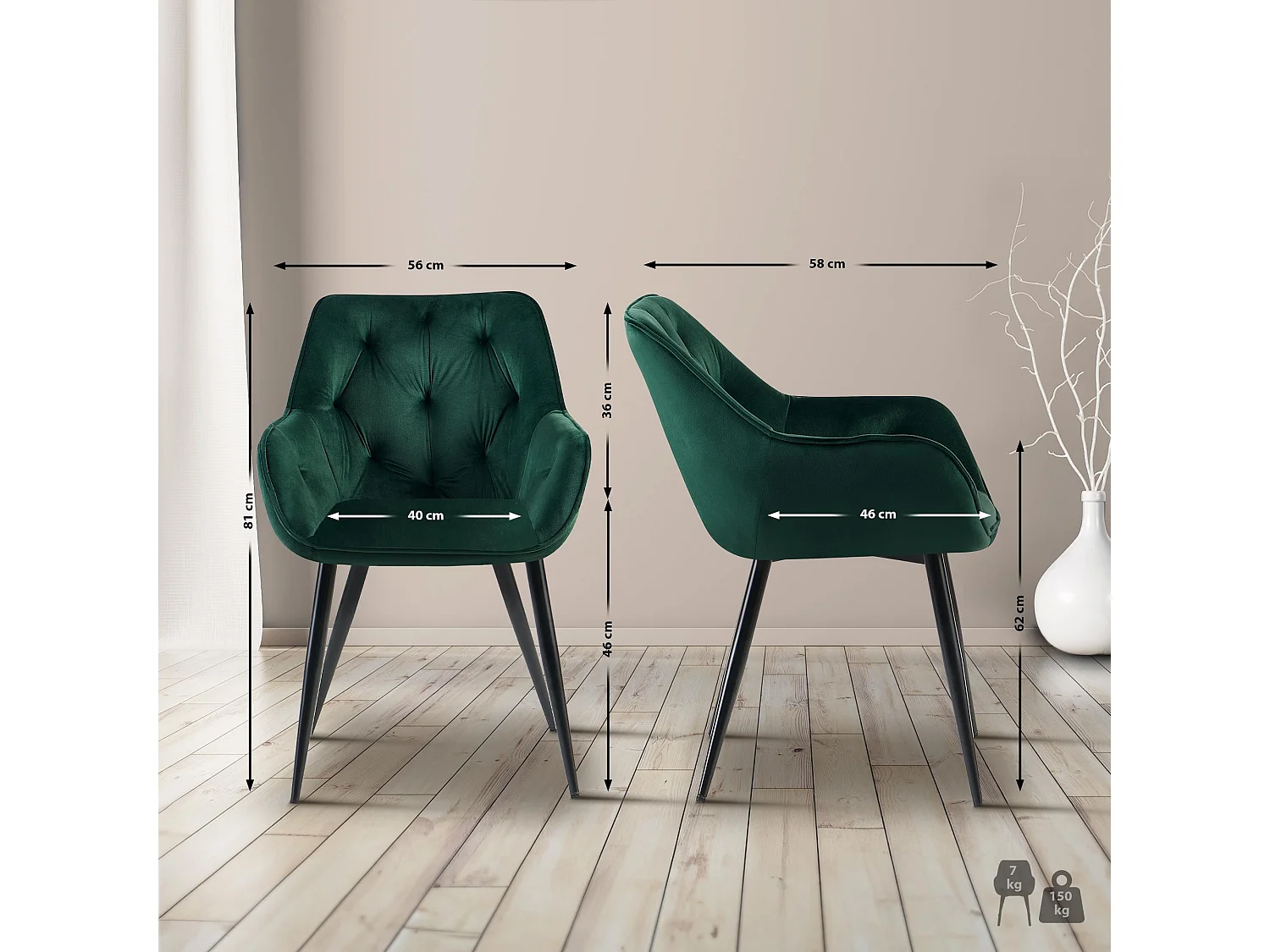 Lot de 2  chaises avec accoudoirs - Velours - Vert - Cassis