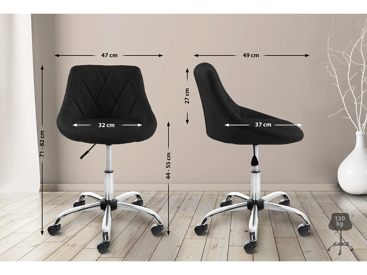 Tabouret de bureau - Tissu - Noir - Lazio