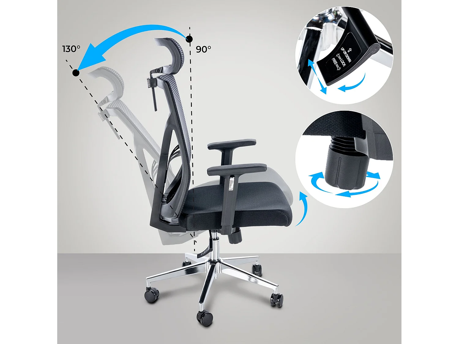 Chaise de bureau - Tissu & Métal chromé - Noir - Evans