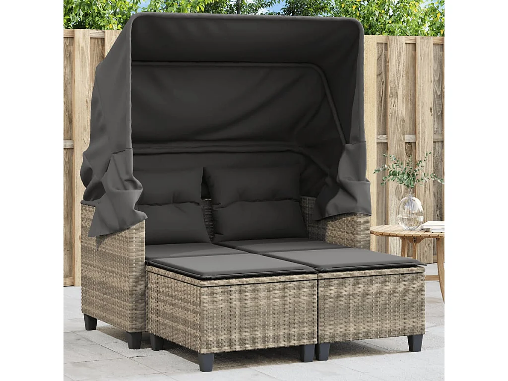 Tuinbank 2-zits luifel en voetenbanken poly rattan lichtgrijs