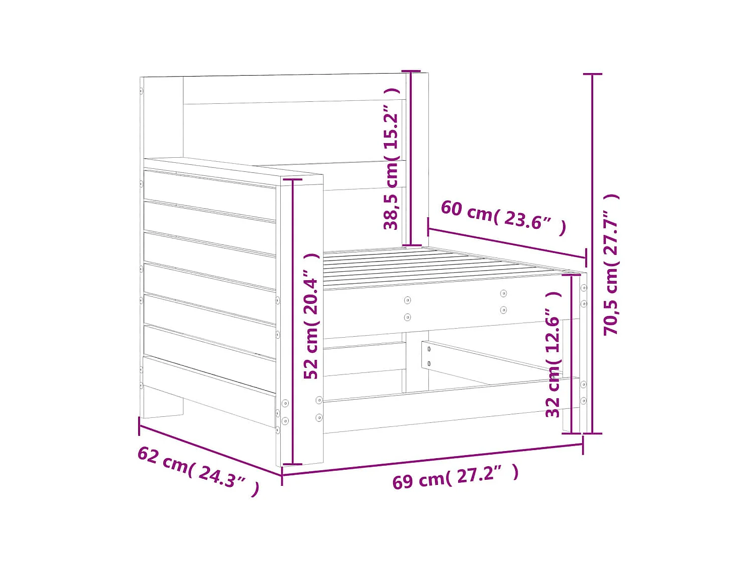 Canapé de jardin accoudoir 69x62x70,5 cm bois massif douglas