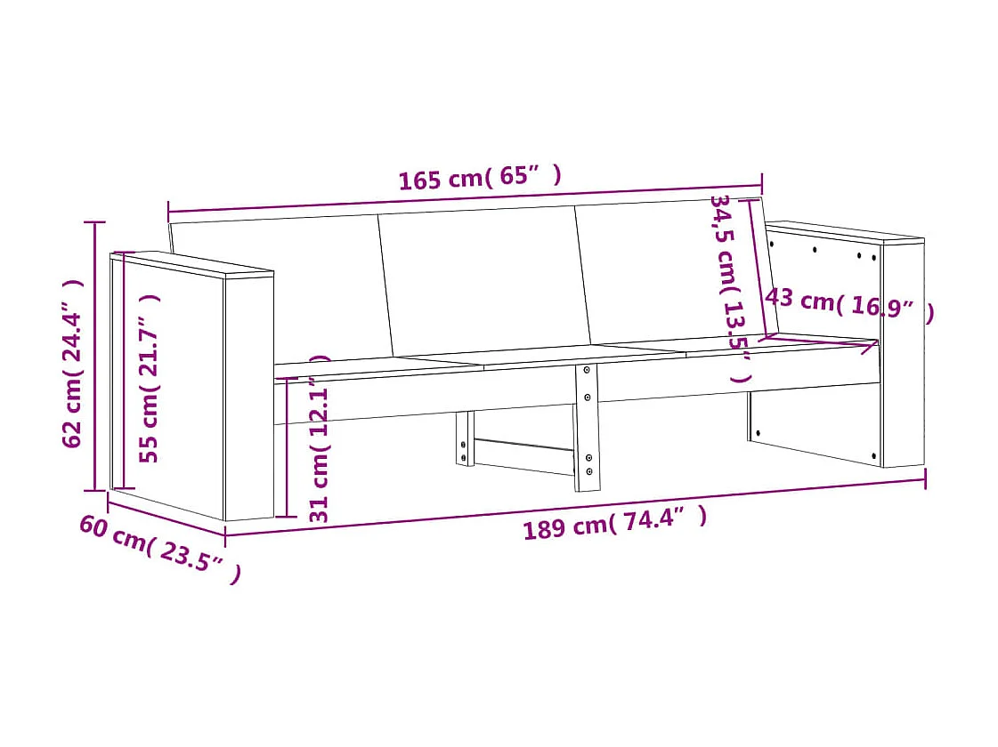Gartensofa 3-Sitzer Wachsbraun 189x60x62 cm Massivholz Kiefer