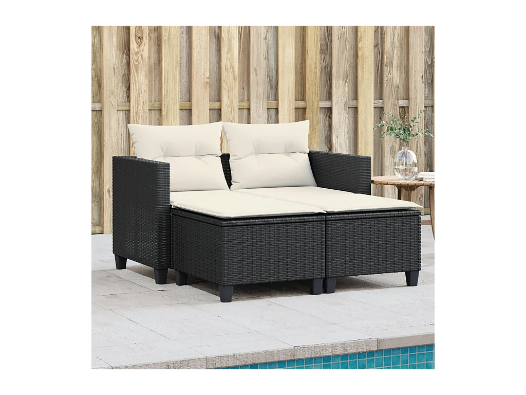Divano da Giardino 2 Posti con Sgabelli Nero in Polyrattan