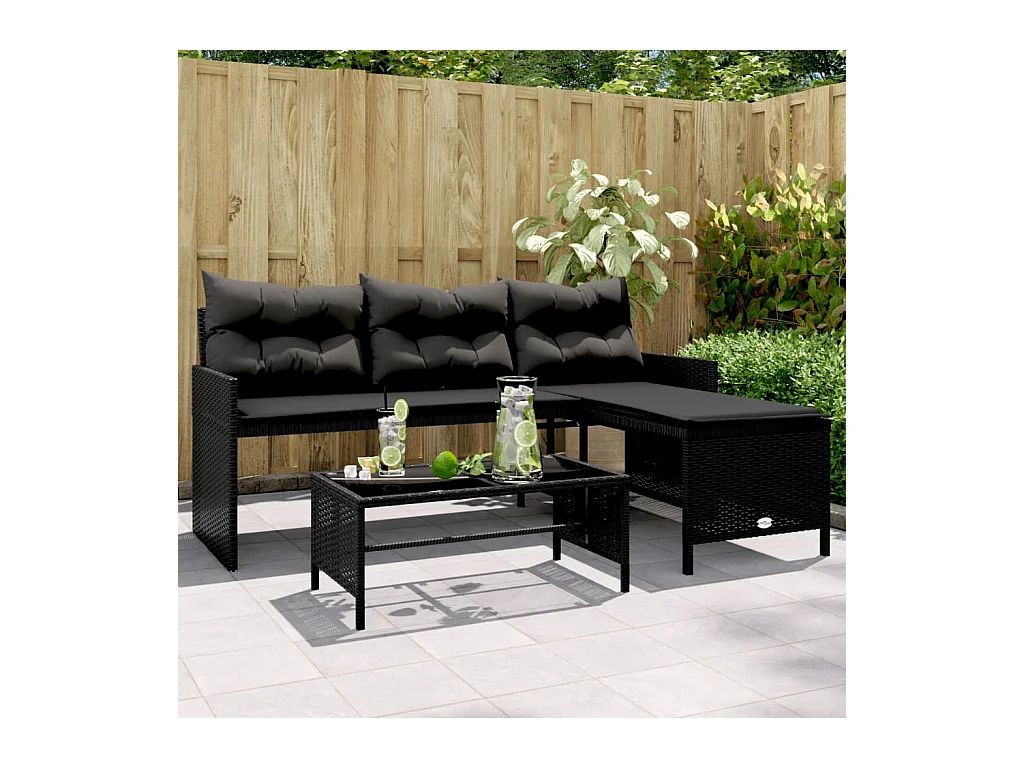 Tuinbank met tafel en kussens L-vormig poly rattan zwart