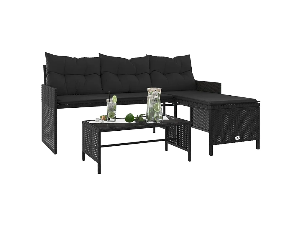 Tuinbank met tafel en kussens L-vormig poly rattan zwart