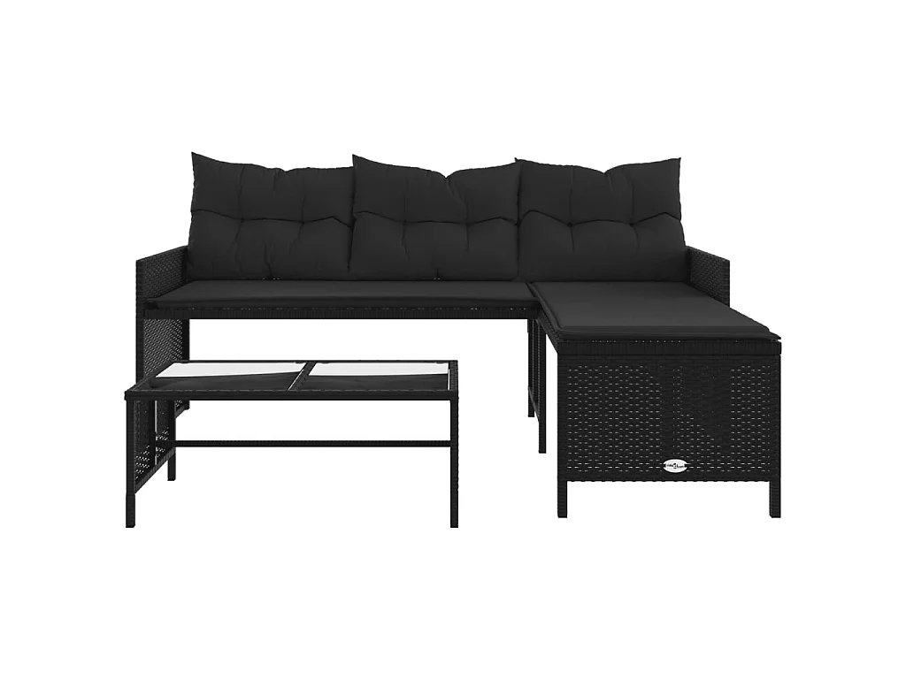 Tuinbank met tafel en kussens L-vormig poly rattan zwart