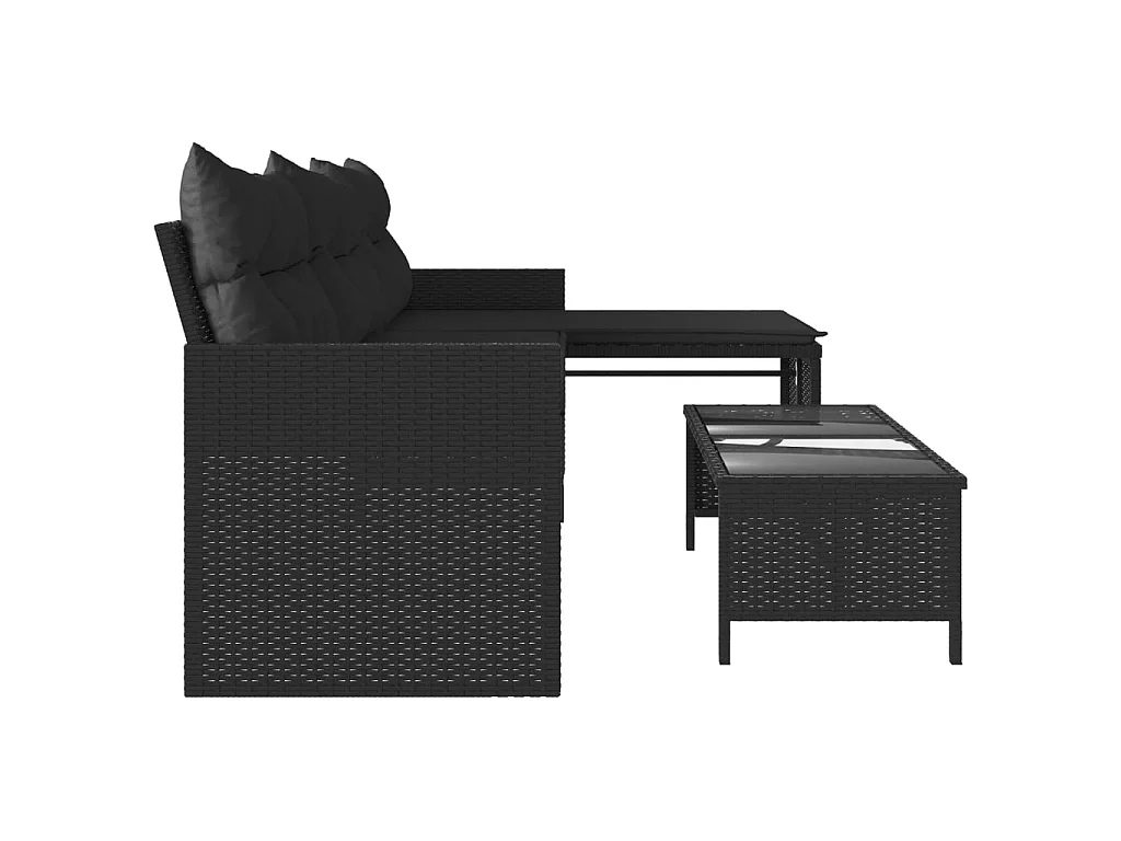Tuinbank met tafel en kussens L-vormig poly rattan zwart