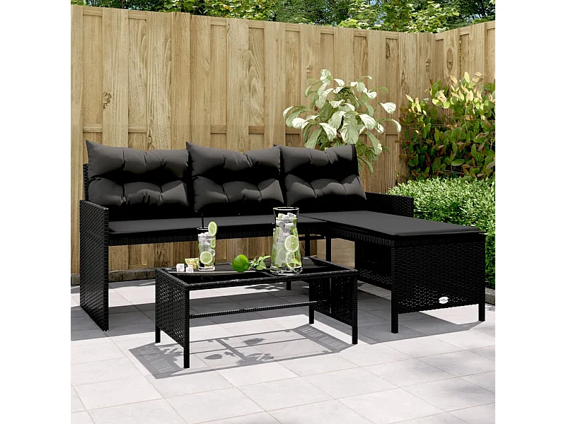Sofá de jardín en forma de L con mesa y cojines ratán PE negro