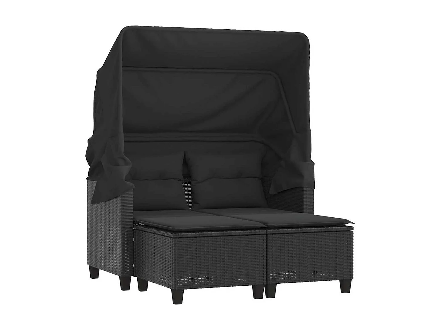 Canapé de jardin 2 places avec auvent et tabourets noir rotin