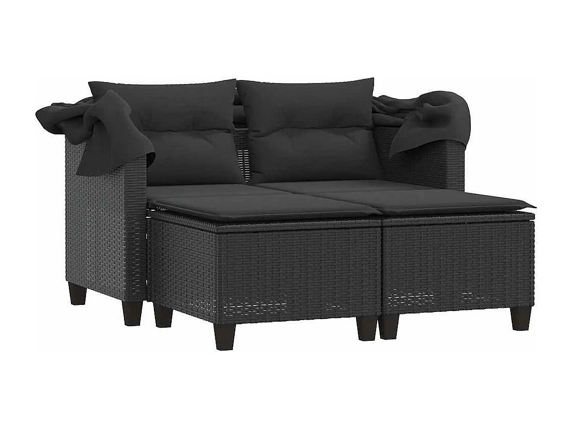 Canapé de jardin 2 places avec auvent et tabourets noir rotin