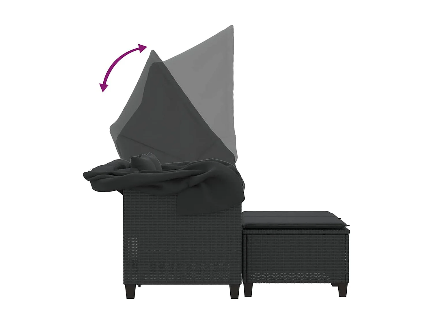 Canapé de jardin 2 places avec auvent et tabourets noir rotin