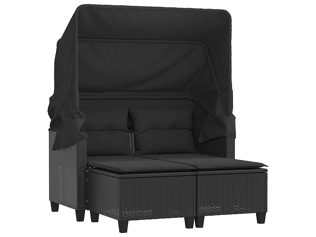 Gartensofa 2-Sitzer mit Dach und Hockern Schwarz Poly Rattan