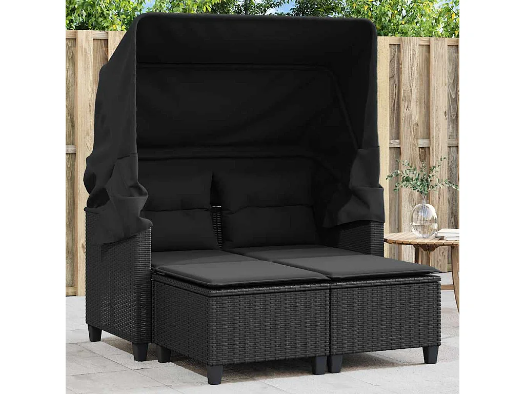 Gartensofa 2-Sitzer mit Dach und Hockern Schwarz Poly Rattan