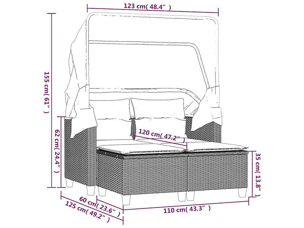 Gartensofa 2-Sitzer mit Dach und Hockern Schwarz Poly Rattan