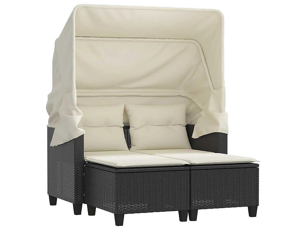Divano Giardino 2 Posti Baldacchino e Sgabelli Nero Polyrattan