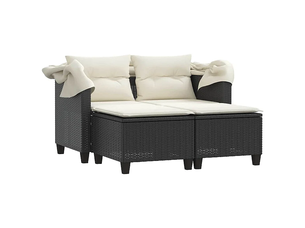 Divano Giardino 2 Posti Baldacchino e Sgabelli Nero Polyrattan