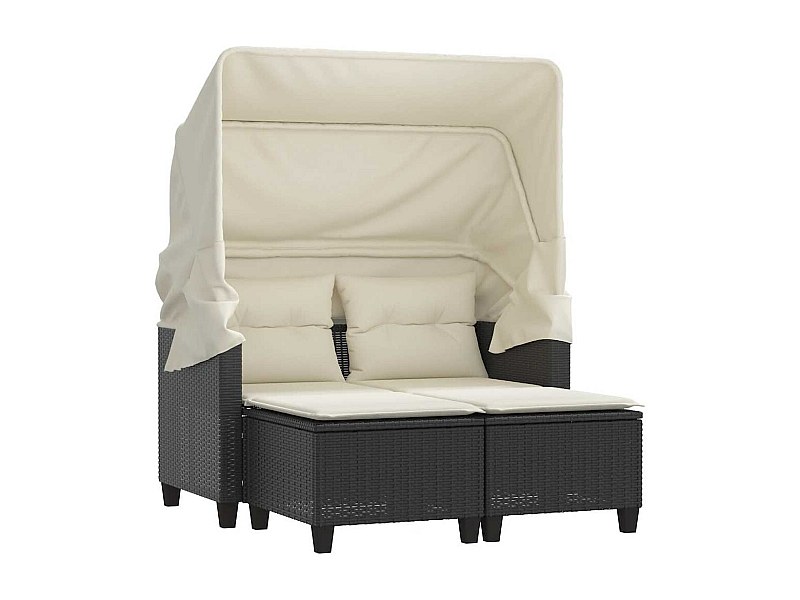 Gartensofa 2-Sitzer mit Dach und Hockern Schwarz Poly Rattan
