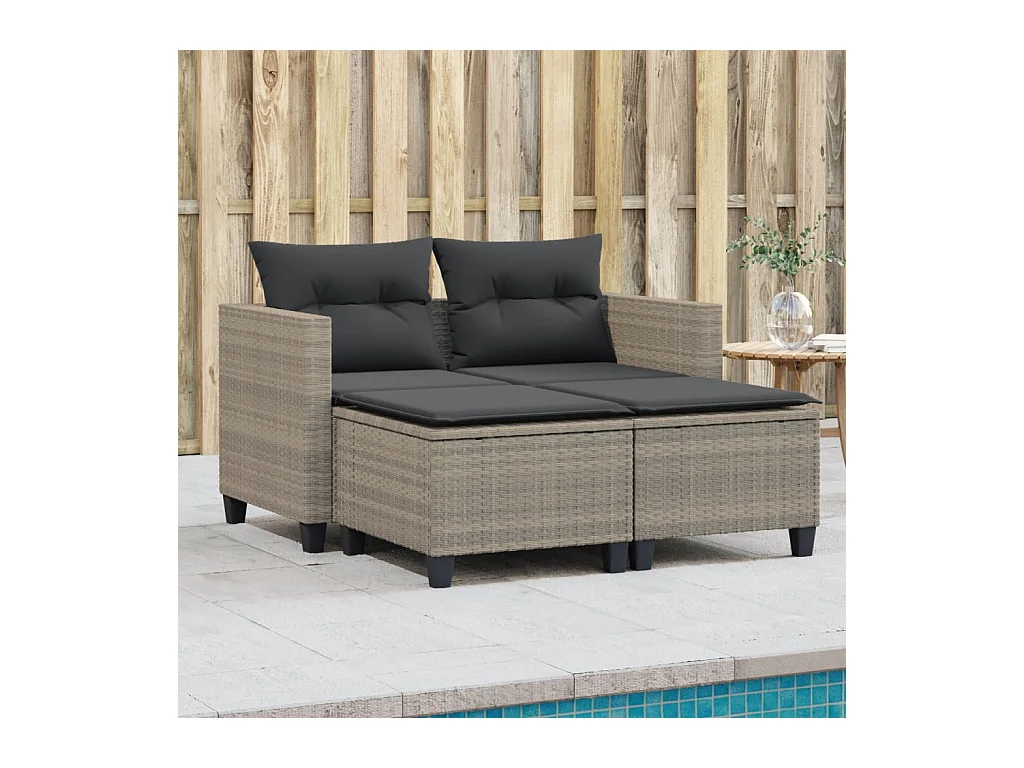 Canapé de jardin 2 places avec tabourets gris clair poly rotin