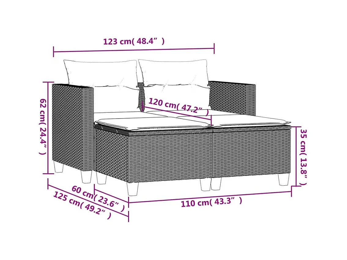 Tuinbank 2-zits met voetenbanken poly rattan bruin