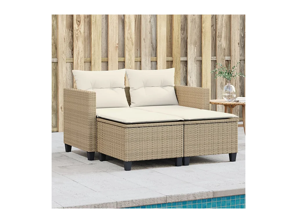 Canapé de jardin 2 places avec tabourets beige résine tressée