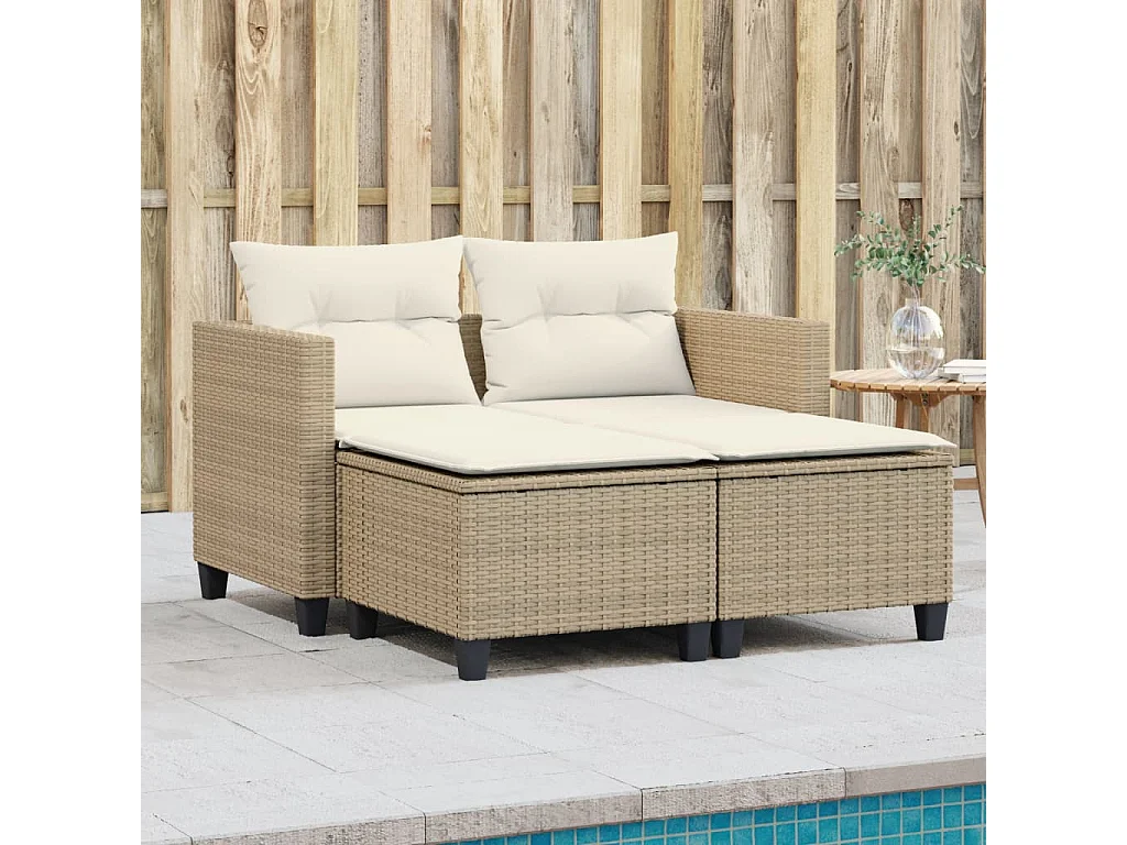 Gartensofa 2-Sitzer mit Hockern Beige Poly Rattan