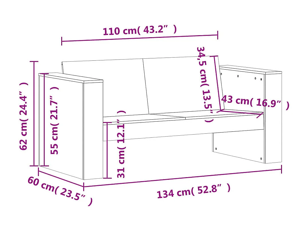 Tuinbank 2-zits 134x60x62 cm massief grenenhout wit