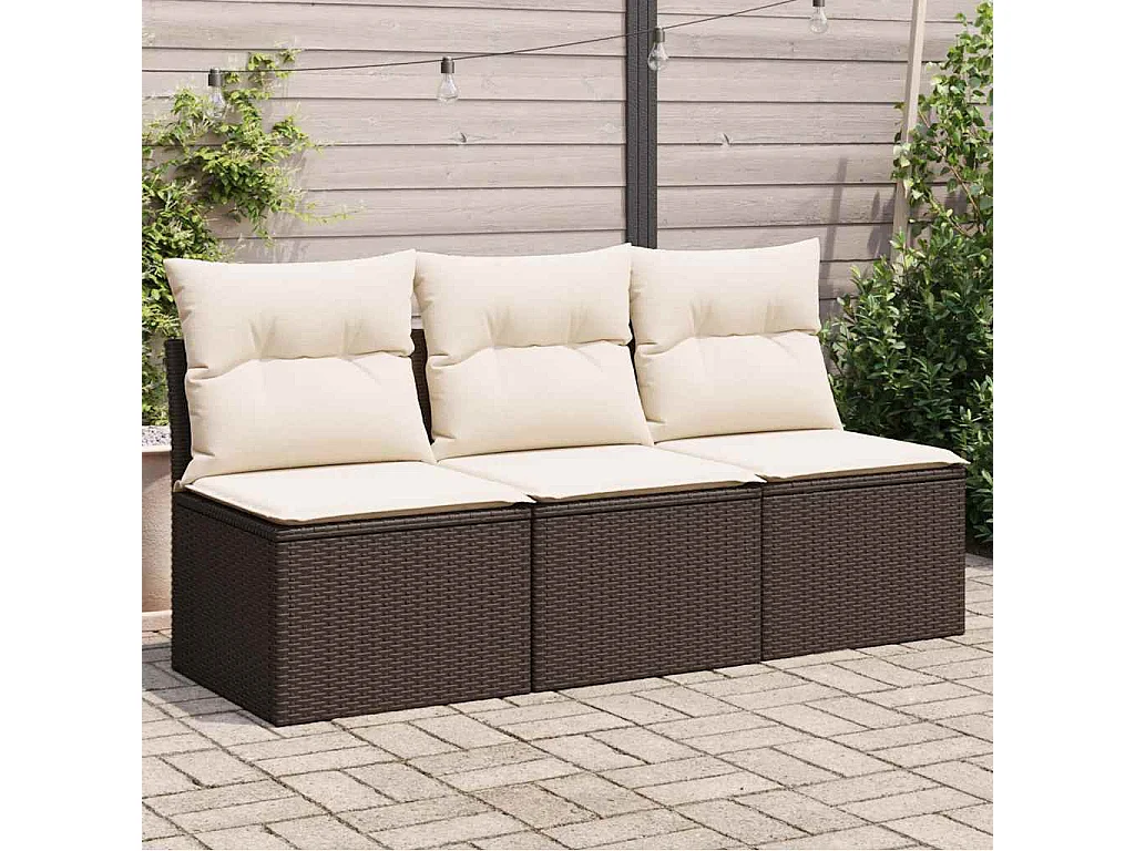 Sofá de jardim com almofadões 3 lugares vime PE castanho