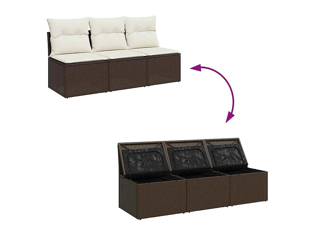 Sofá de jardim com almofadões 3 lugares vime PE castanho
