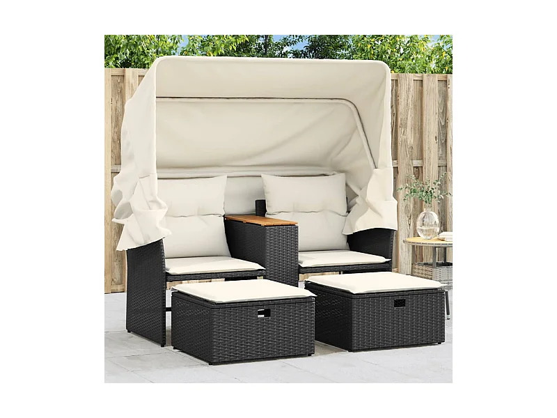 Gartensofa 2-Sitzer mit Dach und Hockern Schwarz Poly Rattan