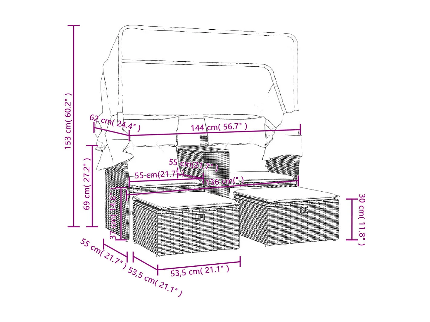 Tuinbank 2-zits met luifel en voetenbanken poly rattan zwart