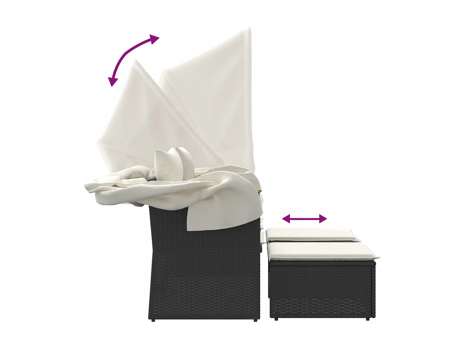 Tuinbank 2-zits met luifel en voetenbanken poly rattan zwart