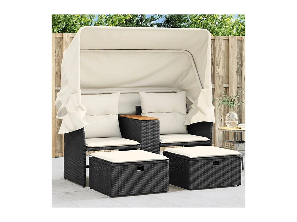 Canapé de jardin 2 places avec auvent et tabourets noir rotin