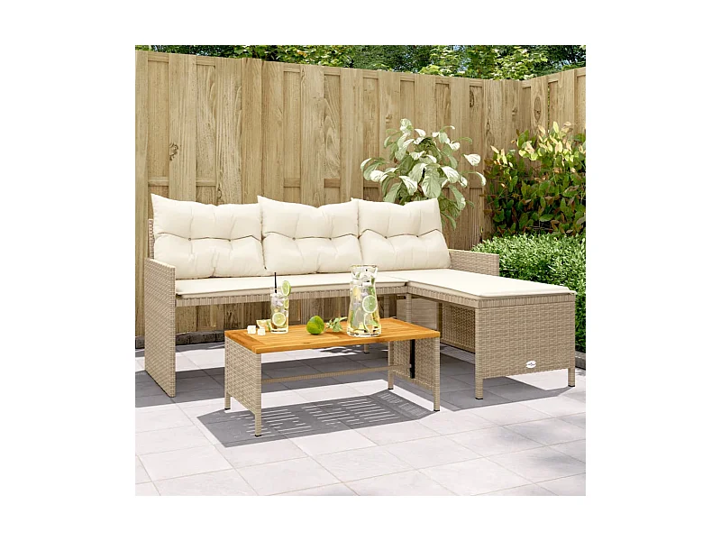 Gartensofa in L-Form mit Tisch und Kissen Beige Poly Rattan