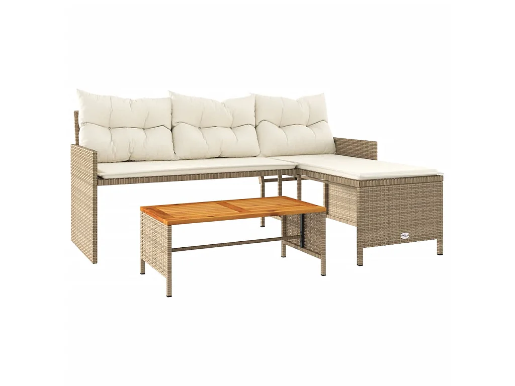 Canapé de jardin avec table et coussins en forme de L beige