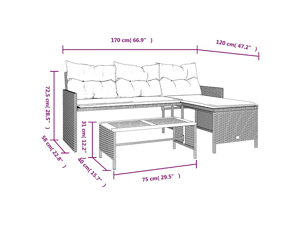 Canapé de jardin avec table et coussins en forme de L beige