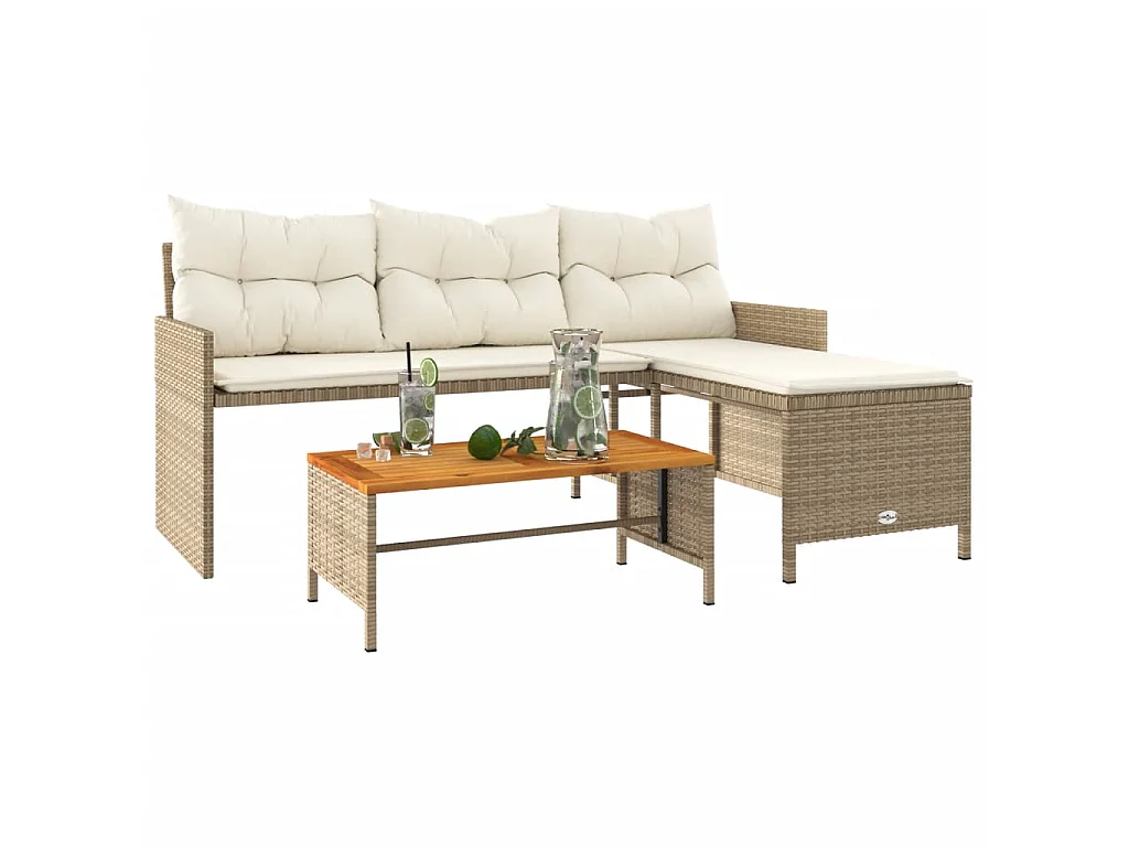 Canapé de jardin avec table et coussins en forme de L beige