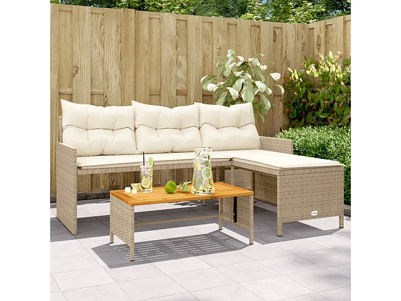 Sofá de jardín en forma de L con mesa y cojines ratán PE beige