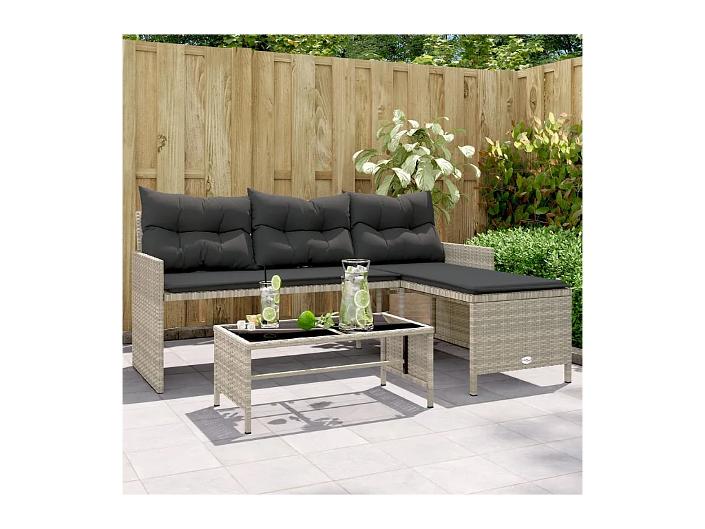 Gartensofa in L-Form mit Tisch und Kissen Hellgrau Poly Rattan