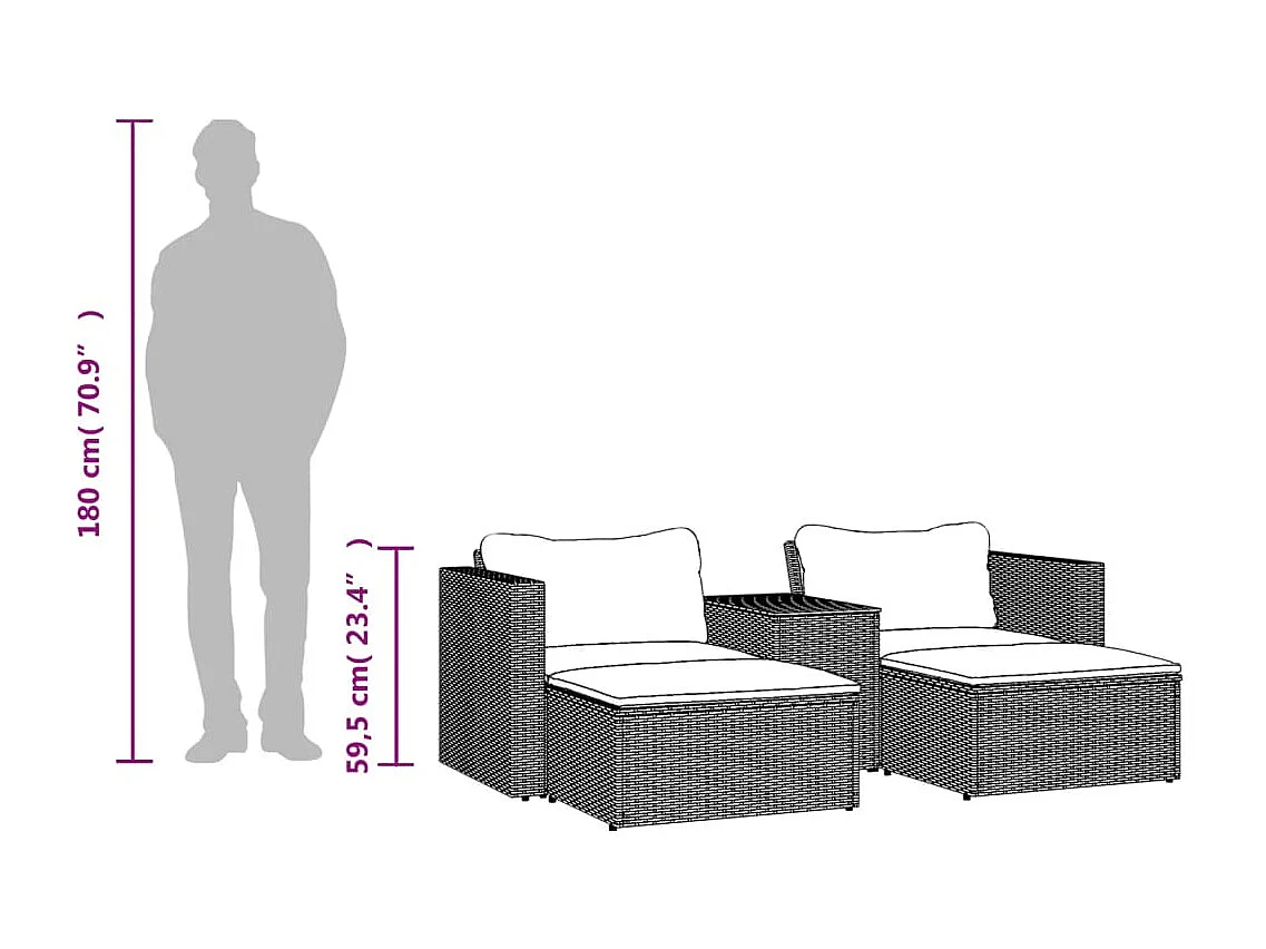 Salon de jardin 5 pcs avec coussins gris résine tressée acacia