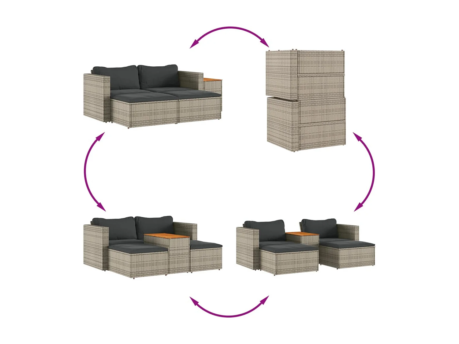 Salon de jardin 5 pcs avec coussins gris résine tressée acacia