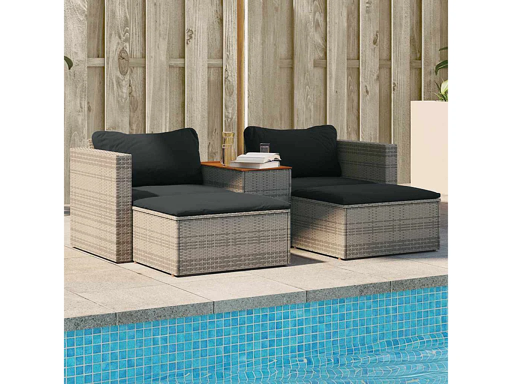 5-delige Loungeset met kussens poly rattan acacia grijs