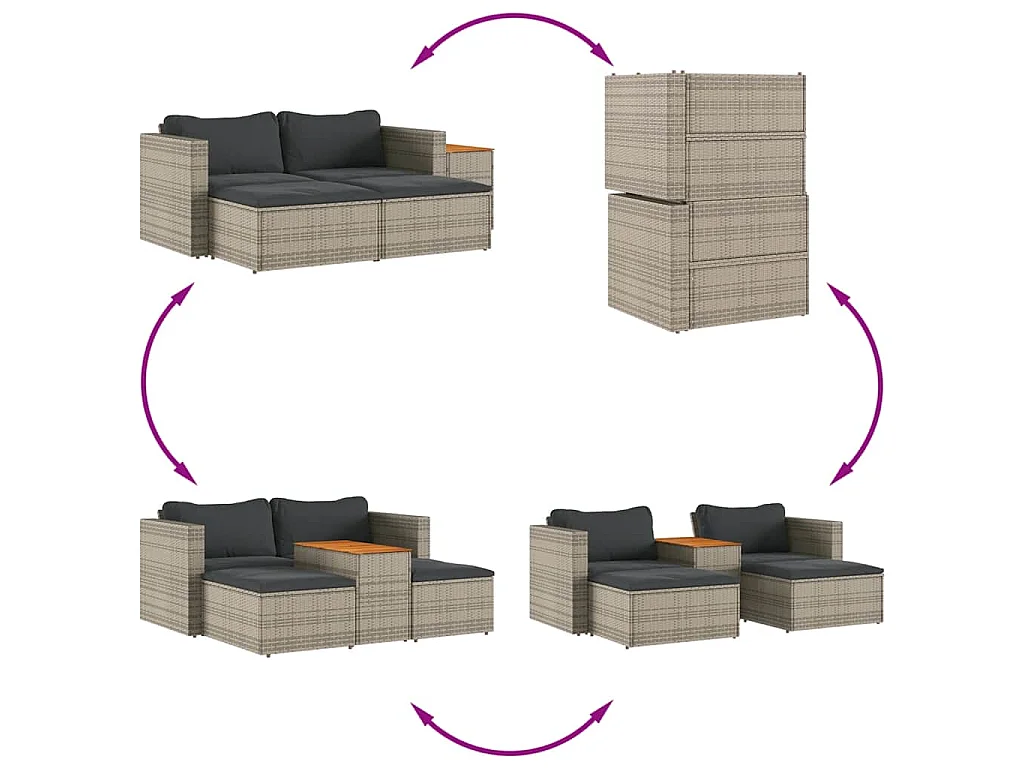 Salon de jardin 5 pcs avec coussins gris résine tressée acacia